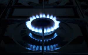 Gas burner ring on an oven hob.