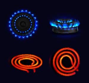 Hotplates, burning gas stove and electric coil, blue flame and red electric spiral top and side view. Kitchen burner with lit hobs, cooking oven, isolated glowing cooktops, Realistic 3d vector set